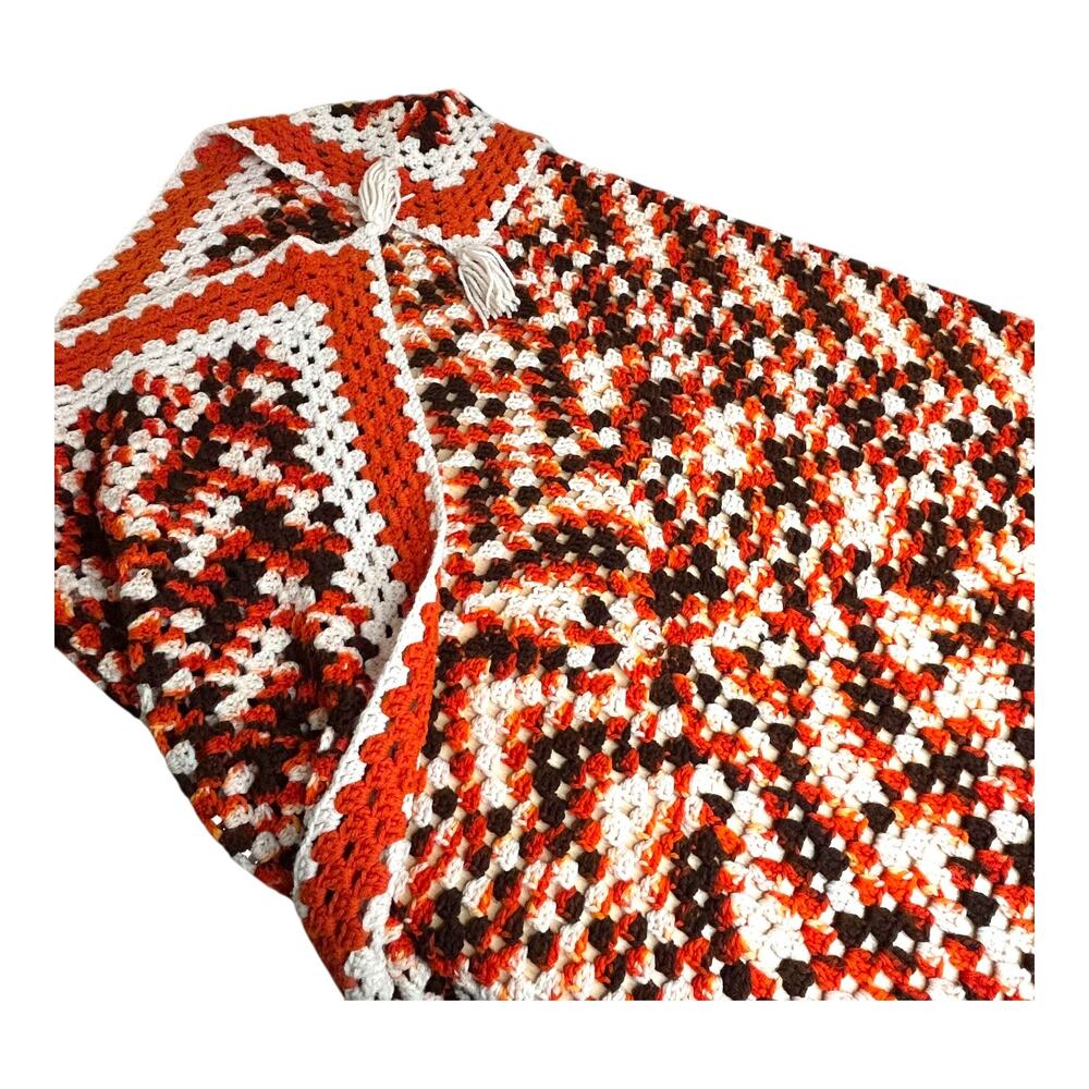 Vintage Crocheted Afghan Throw Blanket Orange Brown White 56 x 55